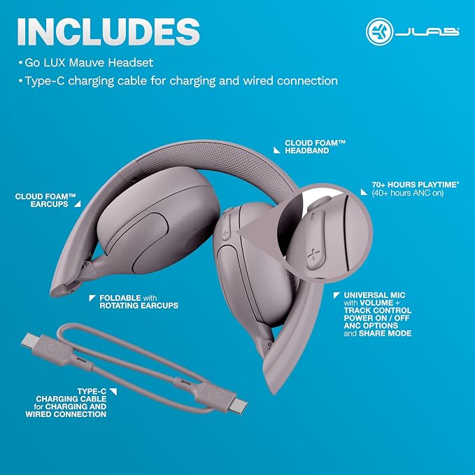 JLab Go Lux ANC Wireless Headphones, Hybrid Active Noise Cancelling, Premium