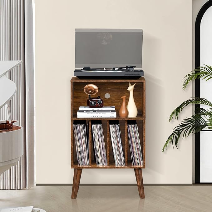Lerliuo Record Player Stand, Mid-Century Vinyl Storage Cabinet Table