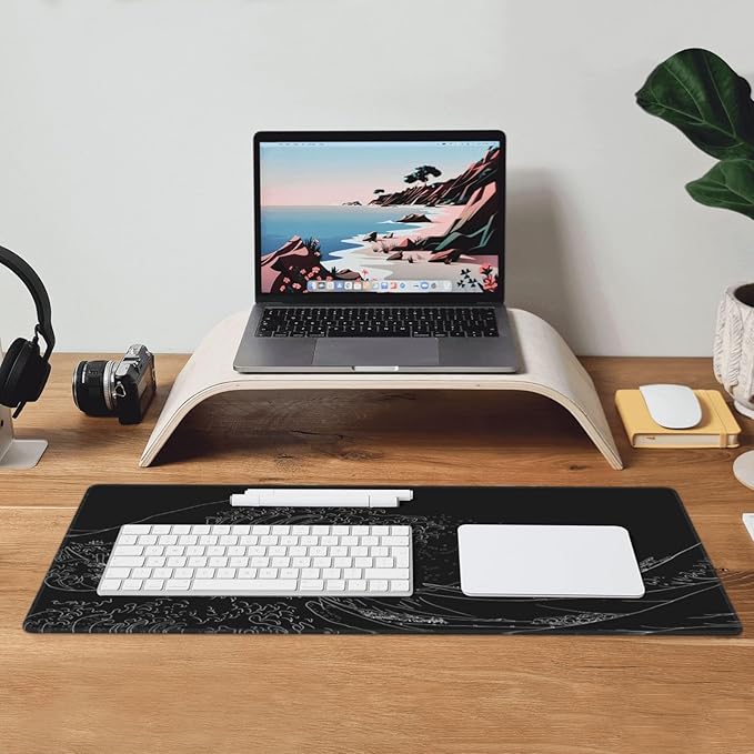 Japanese Sea Wave Large Mouse Pad, Anime Black Gaming, Extended Kanagawa Mat