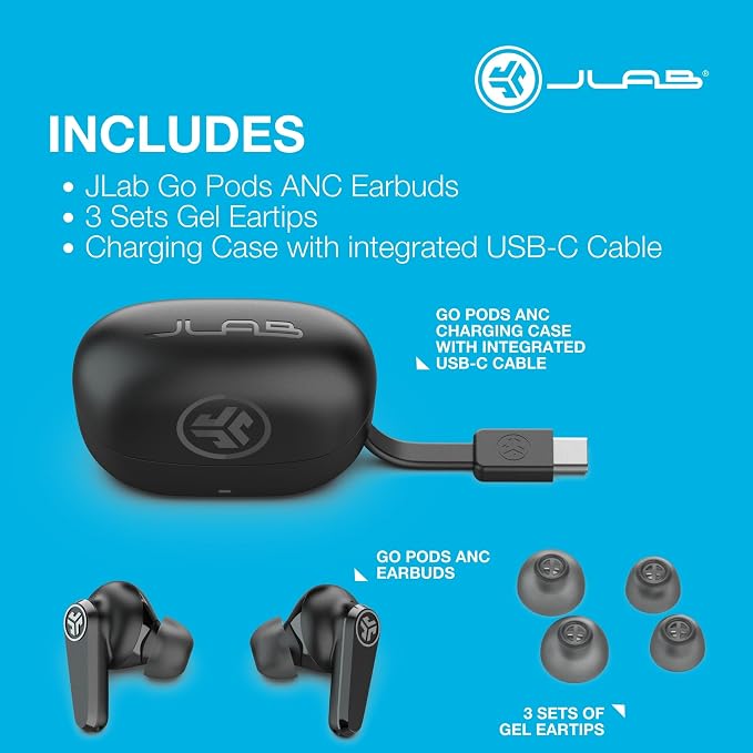 JLab Go Pods ANC True Wireless Bluetooth Earbuds & Charging Case, Hybrid Active