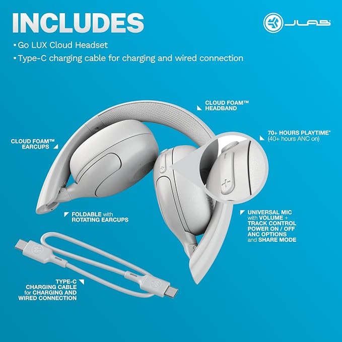 JLab Go Lux ANC Wireless Headphones, Cloud White, Hybrid Active Noise Cancelling