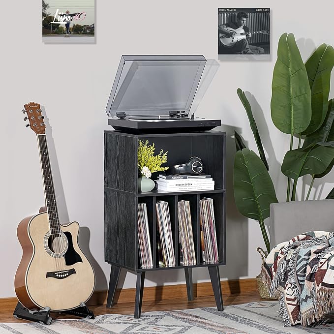 Lerliuo Record Player Stand, Mid-Century Vinyl Storage Cabinet Table