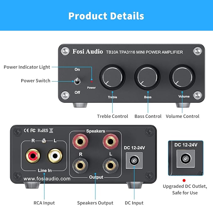 Fosi Audio TB10A 2 Channel Stereo Audio Amplifier Receiver Mini Hi-Fi Class D