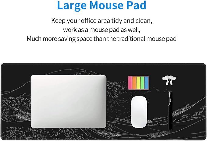 Japanese Sea Wave Large Mouse Pad, Anime Black Gaming, Extended Kanagawa Mat
