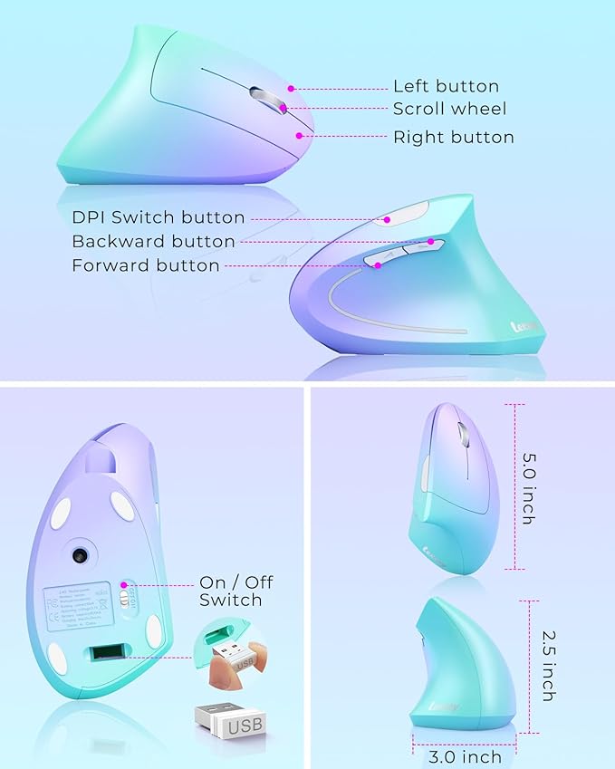 Lekvey Ergonomic Mouse, Vertical Wireless Mouse, Rechargeable 2.4G Optical