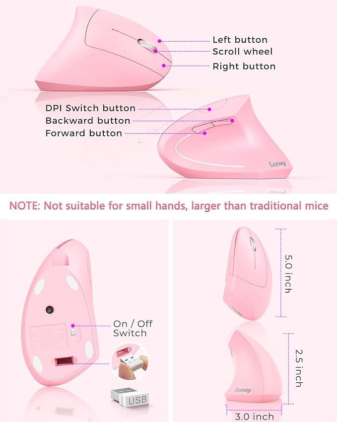 Lekvey Ergonomic Mouse, Vertical Wireless Mouse, Rechargeable 2.4 GHz USB
