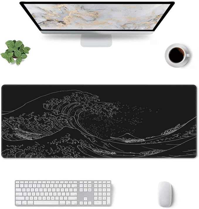 Japanese Sea Wave Large Mouse Pad, Anime Black Gaming, Extended Kanagawa Mat