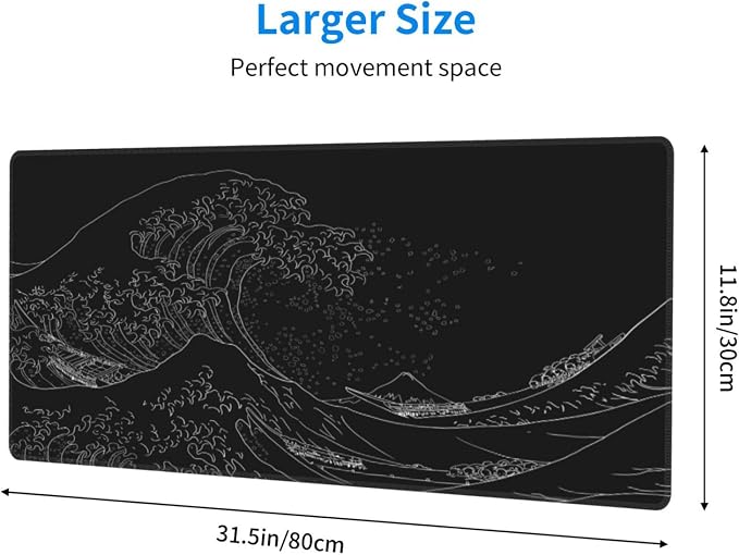 Japanese Sea Wave Large Mouse Pad, Anime Black Gaming, Extended Kanagawa Mat