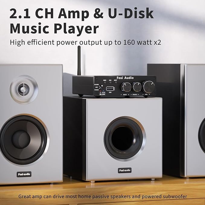Fosi Audio BL20C Bluetooth 5.0 Stereo Audio Receiver Amplifier 320 Watts 2.1 CH