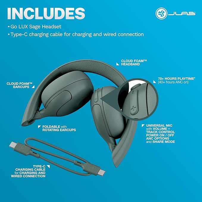 JLab Go Lux ANC Wireless Headphones, Hybrid Active Noise Cancelling, Premium