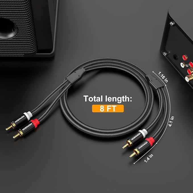 HOSONGIN RCA Cables 8FT 2 Pack, 2-Male to 2-Male RCA Audio Stereo Subwoofer
