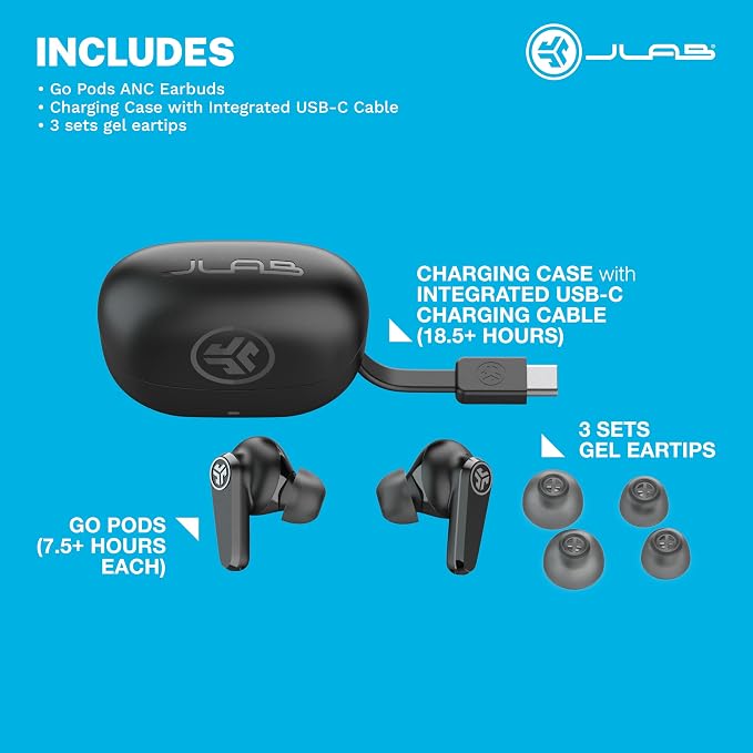 JLab Go Pods ANC True Wireless Bluetooth Earbuds & Charging Case, Hybrid Active