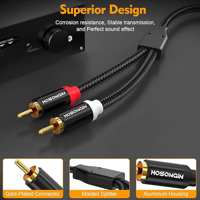 HOSONGIN RCA Cables 8FT 2 Pack, 2-Male to 2-Male RCA Audio Stereo Subwoofer