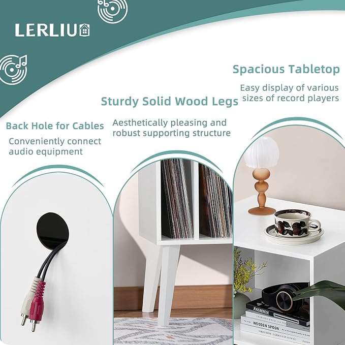 Lerliuo Record Player Stand, Mid-Century Vinyl Storage Cabinet Table