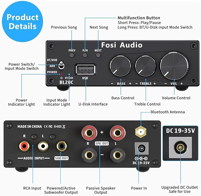 Fosi Audio BL20C Bluetooth 5.0 Stereo Audio Receiver Amplifier 320 Watts 2.1 CH