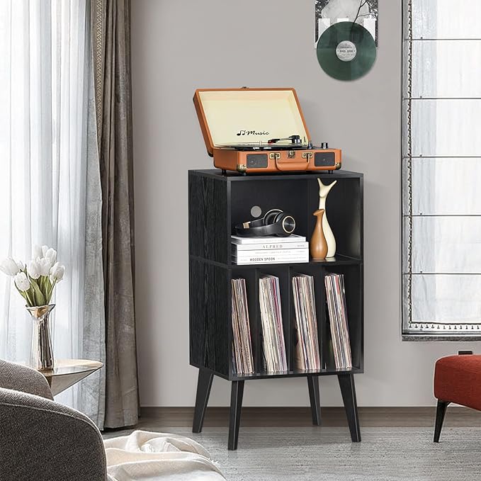 Lerliuo Record Player Stand, Mid-Century Vinyl Storage Cabinet Table