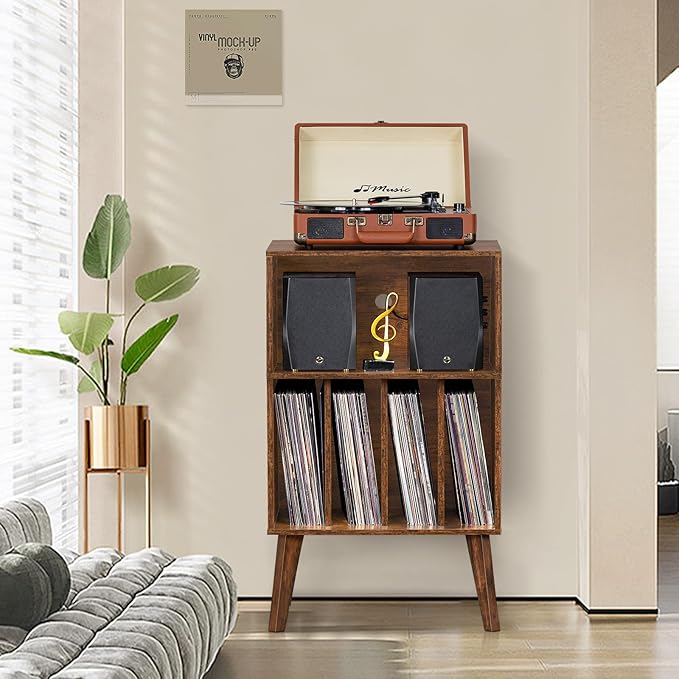 Lerliuo Record Player Stand, Mid-Century Vinyl Storage Cabinet Table