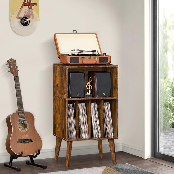 Lerliuo Record Player Stand, Mid-Century Vinyl Storage Cabinet Table