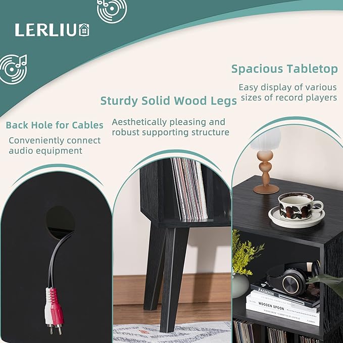 Lerliuo Record Player Stand, Mid-Century Vinyl Storage Cabinet Table