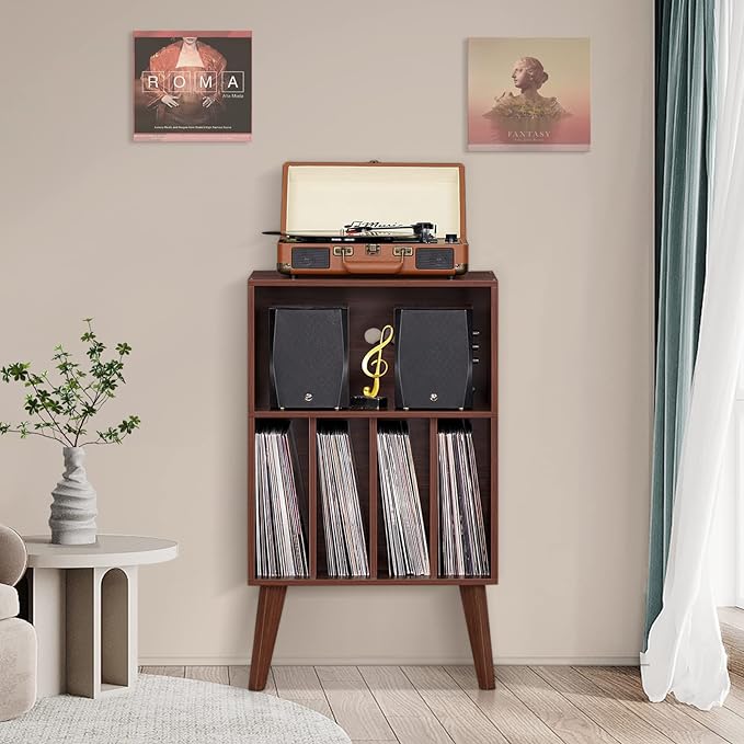 Lerliuo Record Player Stand, Walnut Turntable Stand Holds up to 160 Albums