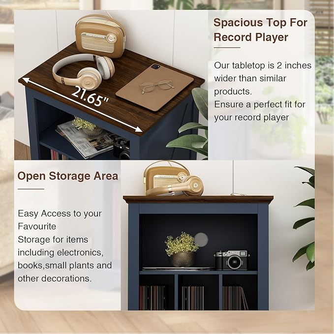 Record Player Stand with Vinyl Record Storage, Large Wood Turntable Stand