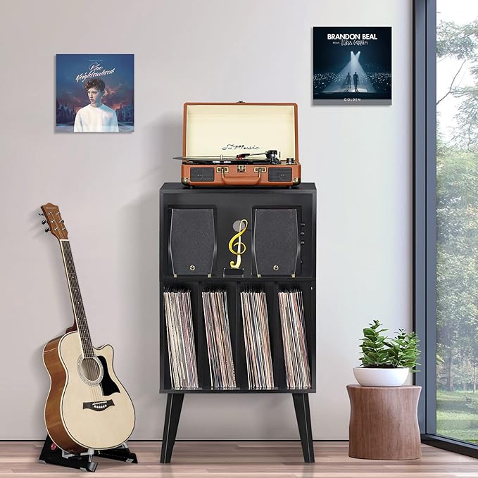 Lerliuo Record Player Stand, Mid-Century Vinyl Storage Cabinet Table