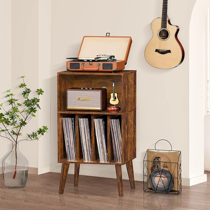 Lerliuo Record Player Stand, Mid-Century Vinyl Storage Cabinet Table