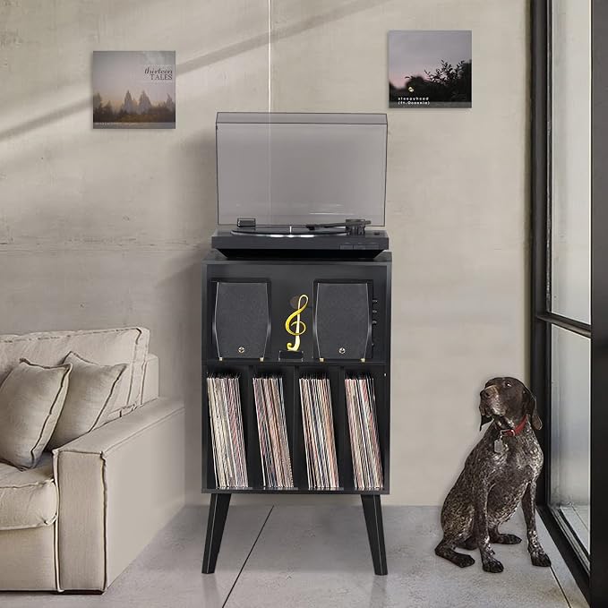 Lerliuo Record Player Stand, Mid-Century Vinyl Storage Cabinet Table