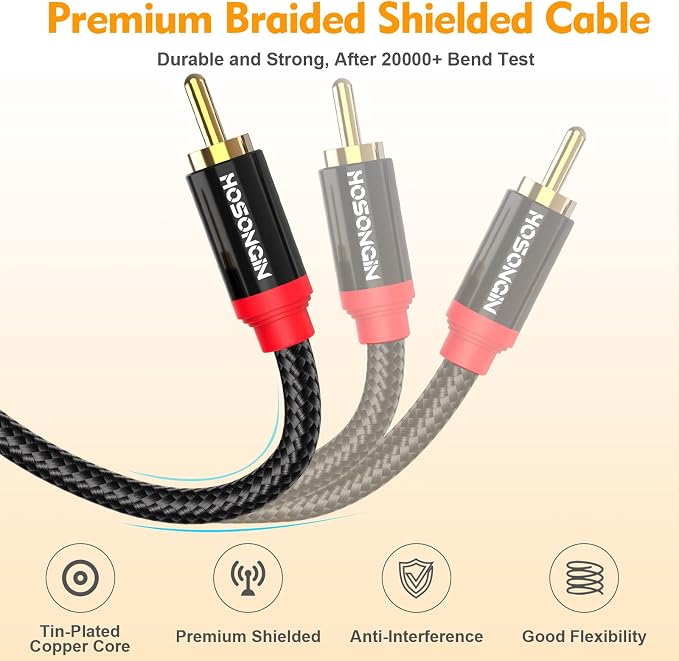 HOSONGIN RCA Cables 8FT 2 Pack, 2-Male to 2-Male RCA Audio Stereo Subwoofer