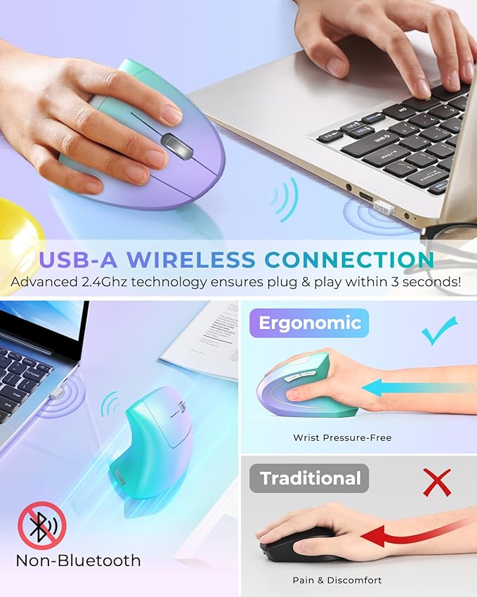 Lekvey Ergonomic Mouse, Vertical Wireless Mouse, Rechargeable 2.4G Optical