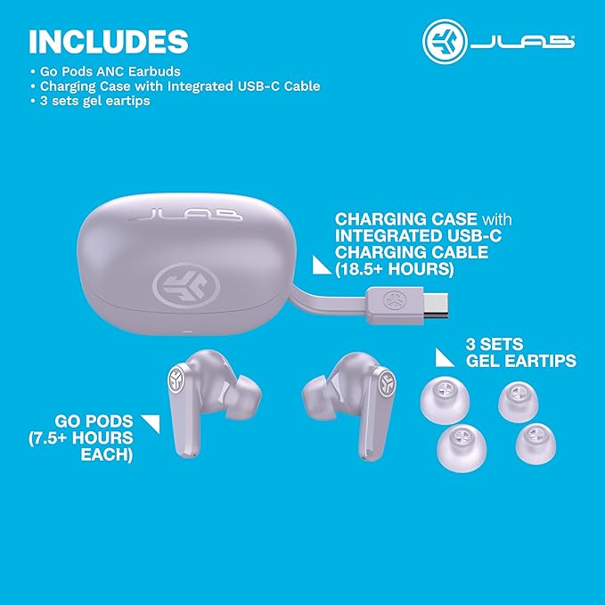 JLab Go Pods ANC True Wireless Bluetooth Earbuds & Charging Case, Hybrid Active