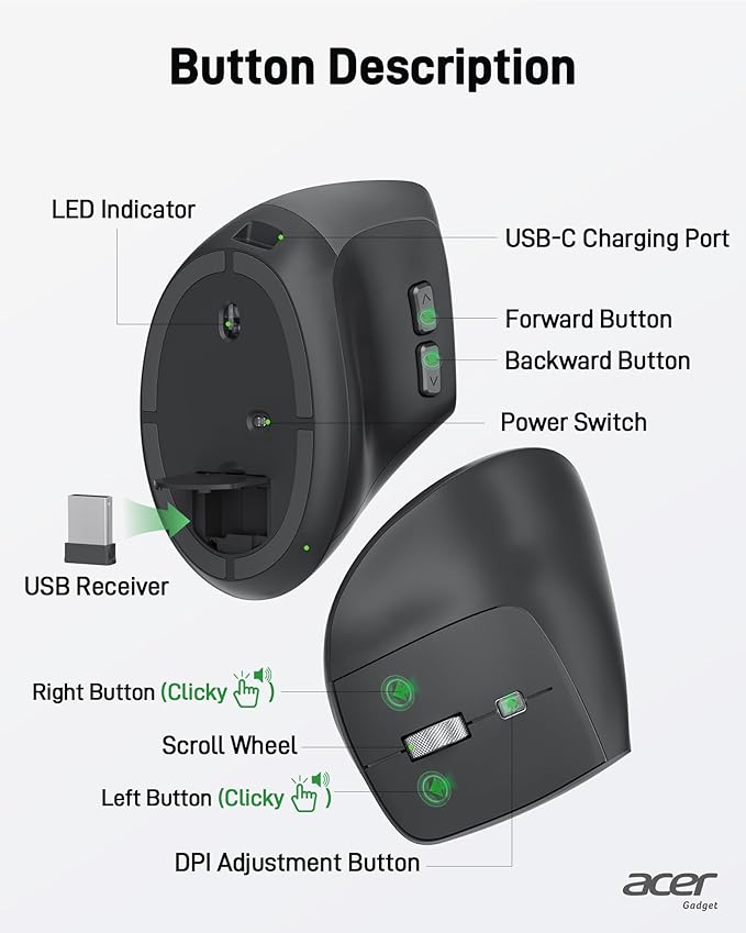 acer Ergonomic Mouse Wireless, Adjustable DPI Vertical Mouse 1000/1200/1600