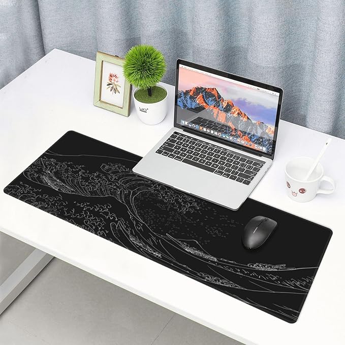 Japanese Sea Wave Large Mouse Pad, Anime Black Gaming, Extended Kanagawa Mat