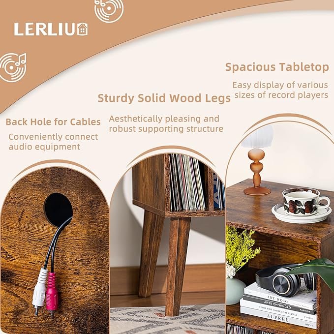 Lerliuo Record Player Stand, Mid-Century Vinyl Storage Cabinet Table