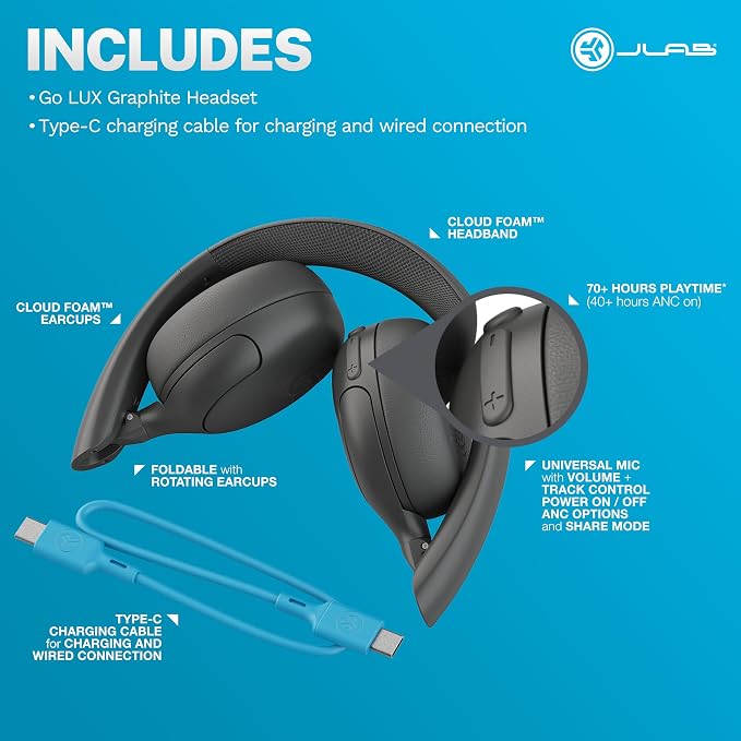 JLab Go Lux ANC Wireless Headphones, Hybrid Active Noise Cancelling, Premium