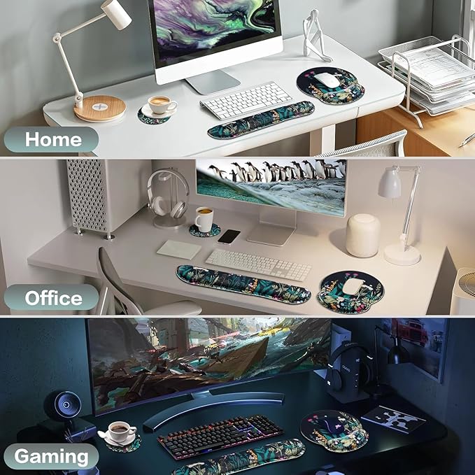 Mouse Pad with Wrist Rest Set, Qomolama 3-in-1 Wrist Support Mouse Pad Set