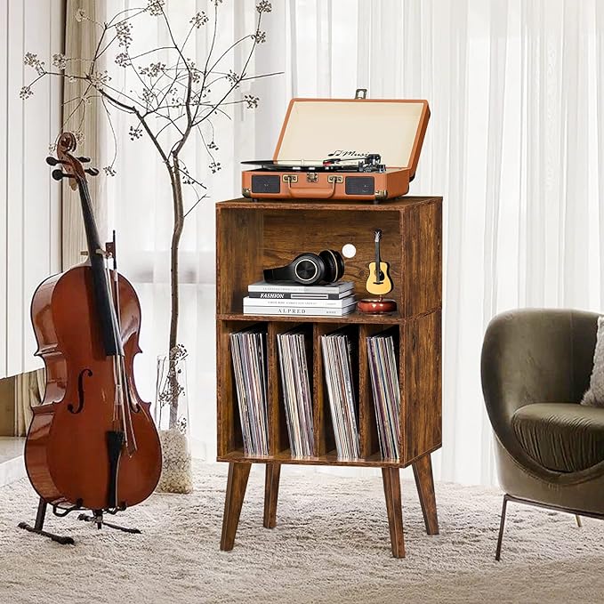 Lerliuo Record Player Stand, Mid-Century Vinyl Storage Cabinet Table