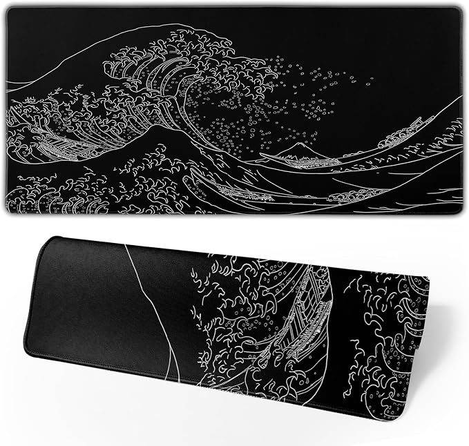 Japanese Sea Wave Large Mouse Pad, Anime Black Gaming, Extended Kanagawa Mat