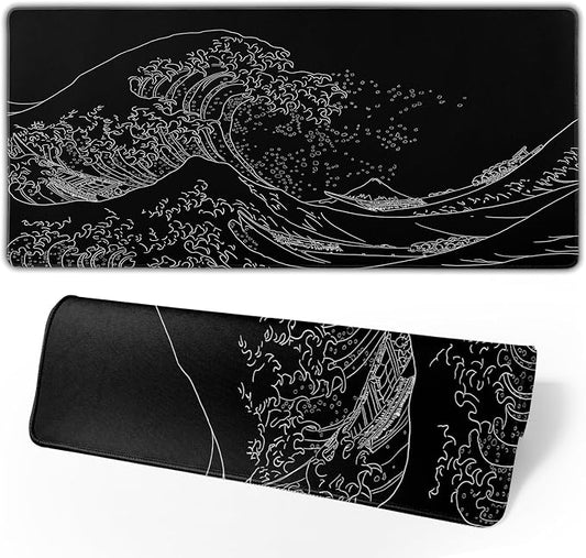 Japanese Sea Wave Large Mouse Pad, Anime Black Gaming, Extended Kanagawa Mat