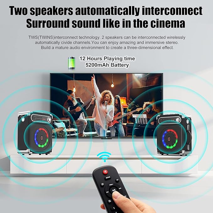 Bluetooth Speaker with Two Wireless Microphones, Outdoor Speaker with