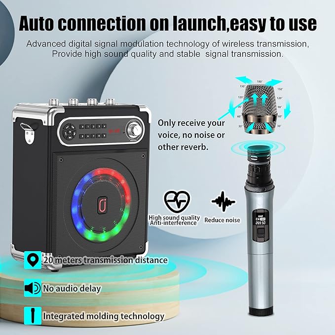 Bluetooth Speaker with Two Wireless Microphones, Outdoor Speaker with
