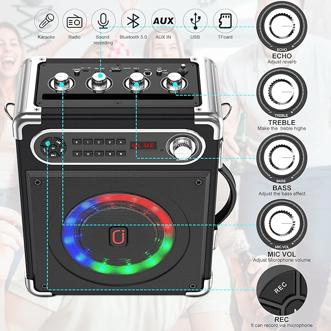 Bluetooth Speaker with Two Wireless Microphones, Outdoor Speaker with